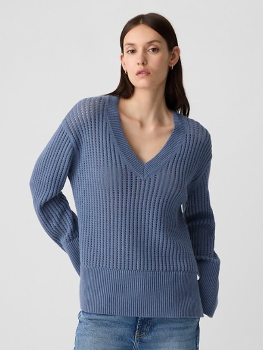 GAP Relaxed Crochet V-Neck Sweater Cotton Bainbridge Blue Women's Size Medium